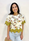 FLORAL SCALLOPED TOP- ECRU/LT GREEN