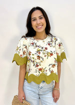 FLORAL SCALLOPED TOP- ECRU/LT GREEN