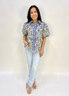 DIAMOND FLORAL BUBBLE SLEEVE TOP- BLUE
