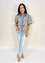 DIAMOND FLORAL BUBBLE SLEEVE TOP- BLUE
