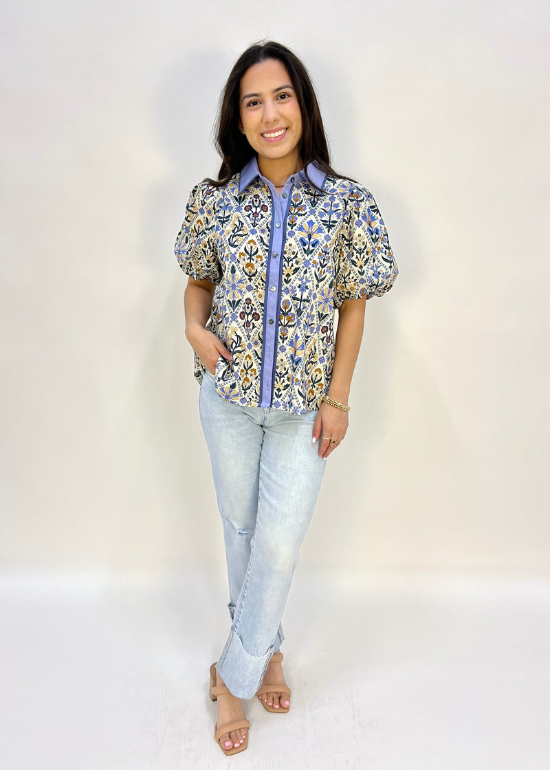 DIAMOND FLORAL BUBBLE SLEEVE TOP- BLUE