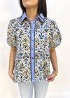 DIAMOND FLORAL BUBBLE SLEEVE TOP- BLUE