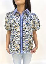DIAMOND FLORAL BUBBLE SLEEVE TOP- BLUE