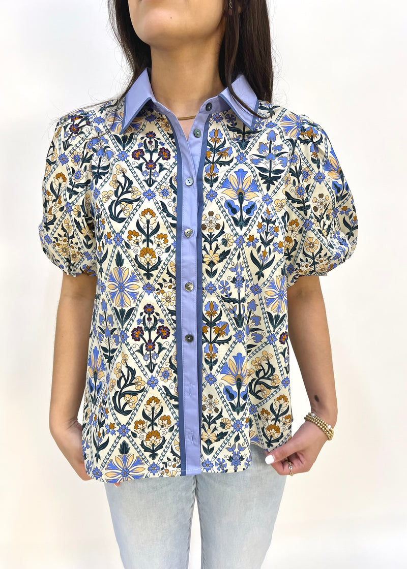 DIAMOND FLORAL BUBBLE SLEEVE TOP- BLUE