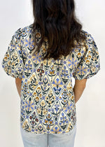 DIAMOND FLORAL BUBBLE SLEEVE TOP- BLUE