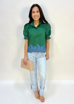 EMBROIDERED HEM TOP- GREEN