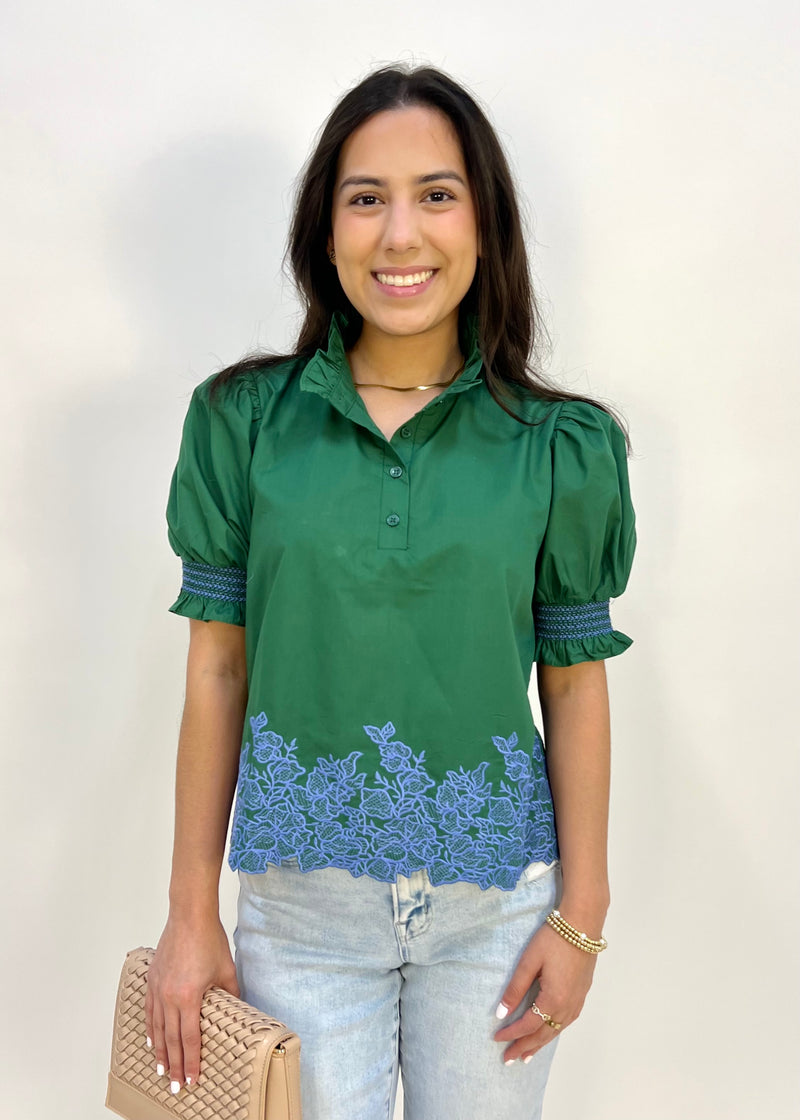 EMBROIDERED HEM TOP- GREEN