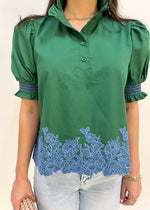 EMBROIDERED HEM TOP- GREEN