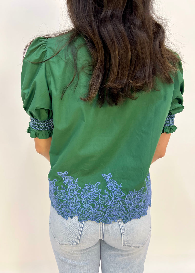 EMBROIDERED HEM TOP- GREEN