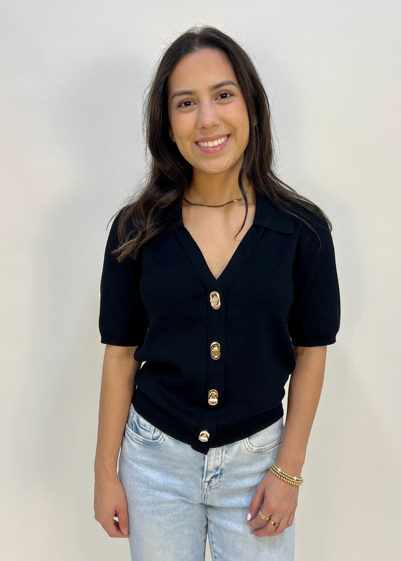 KNIT GOLD TWIST BUTTONS TOP- BLACK