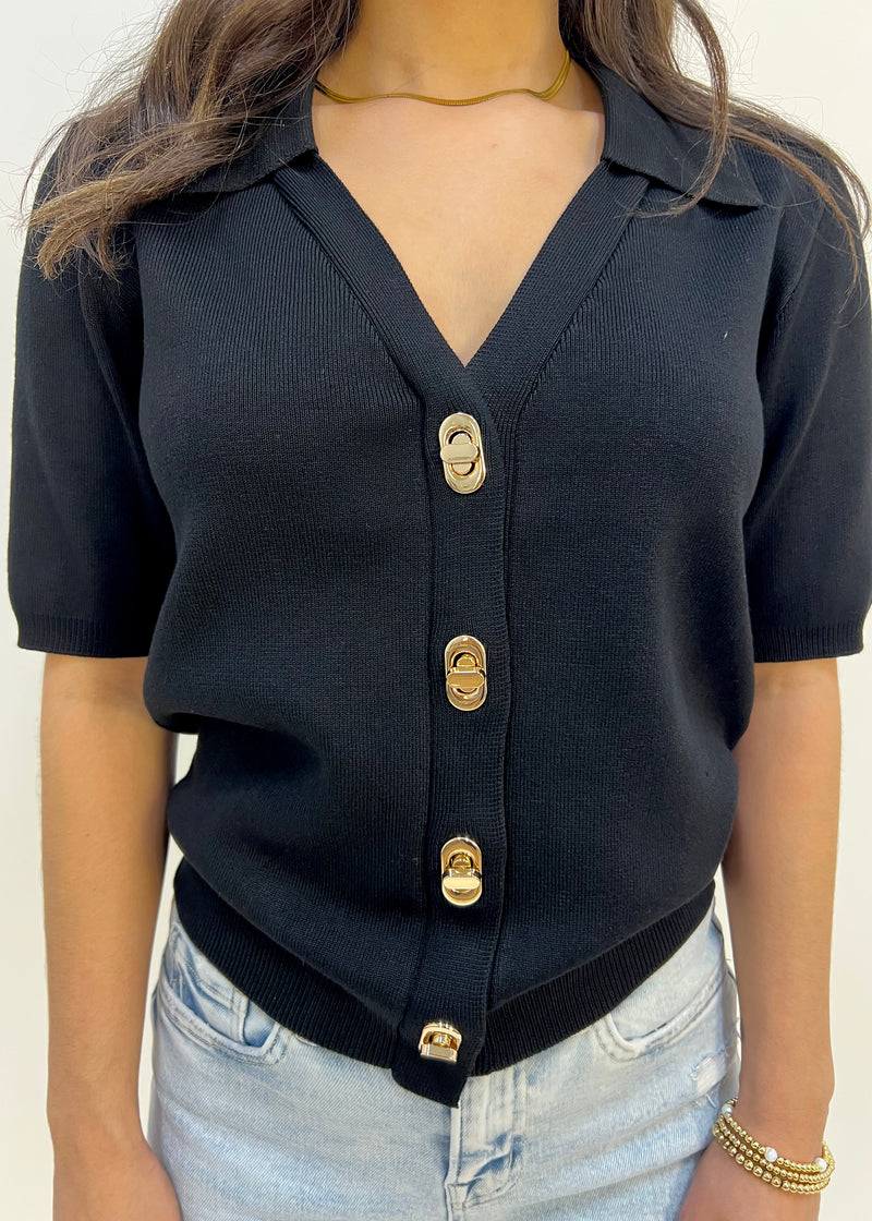 KNIT GOLD TWIST BUTTONS TOP- BLACK