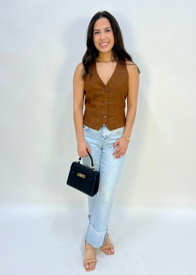 WASHED TWILL VEST- TOFFEE