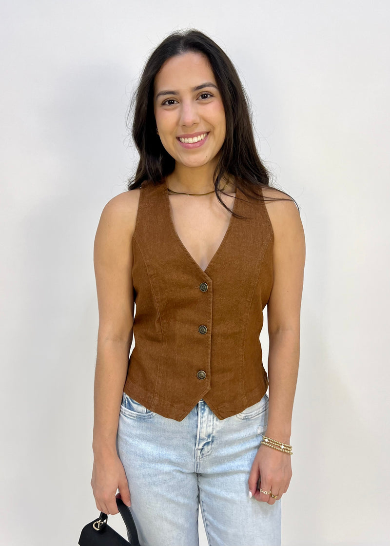 WASHED TWILL VEST- TOFFEE