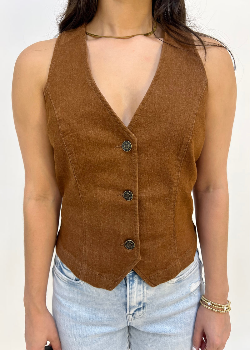 WASHED TWILL VEST- TOFFEE