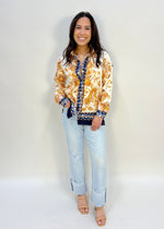 SATIN BORDER PRINT BLOUSE- IVORY/NAVY