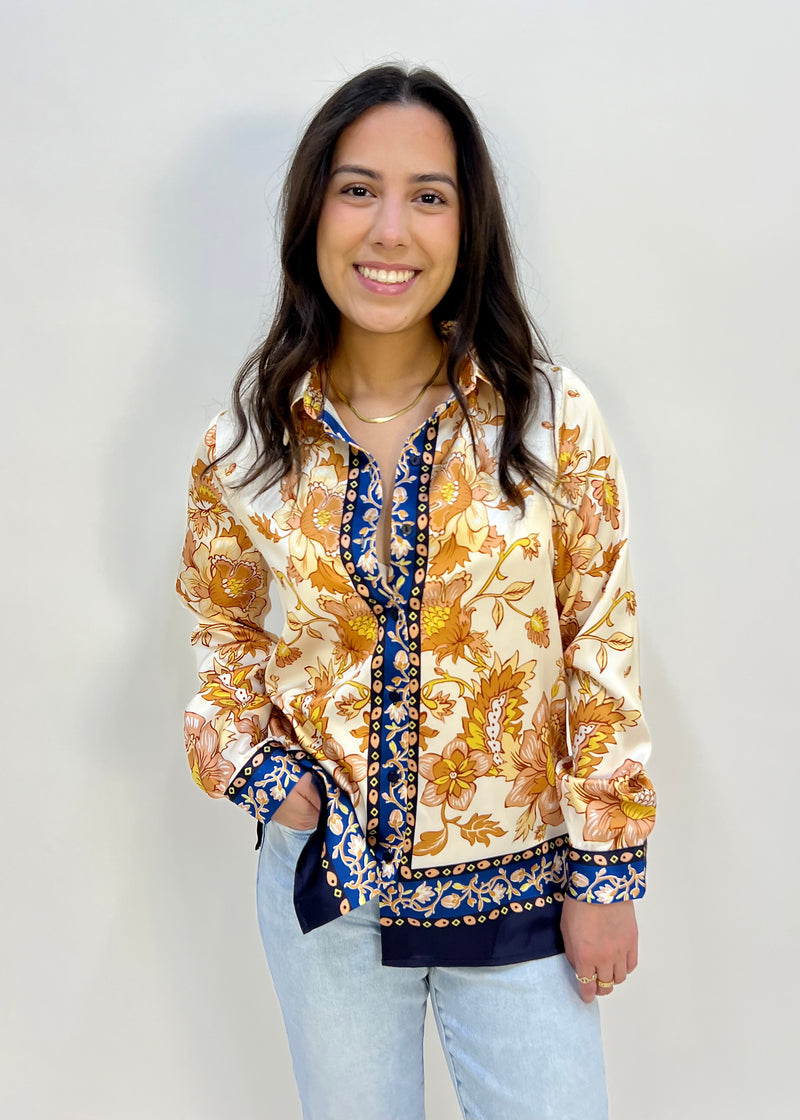 SATIN BORDER PRINT BLOUSE- IVORY/NAVY