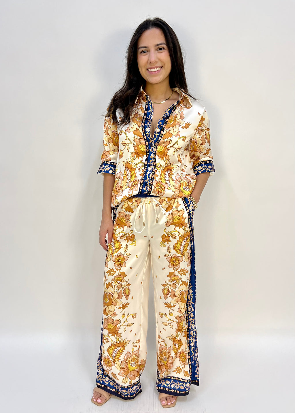 satin floral pant set
