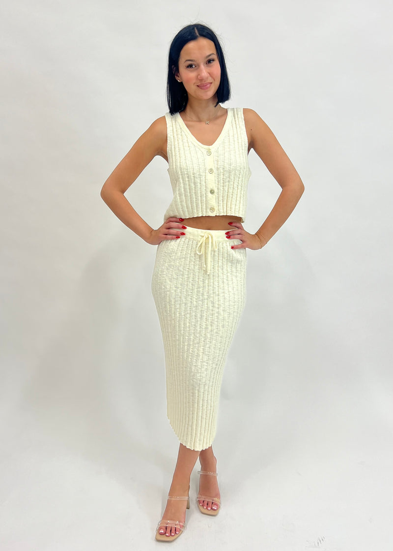 RIBBED KNIT MIDI SKIRT- CREAM