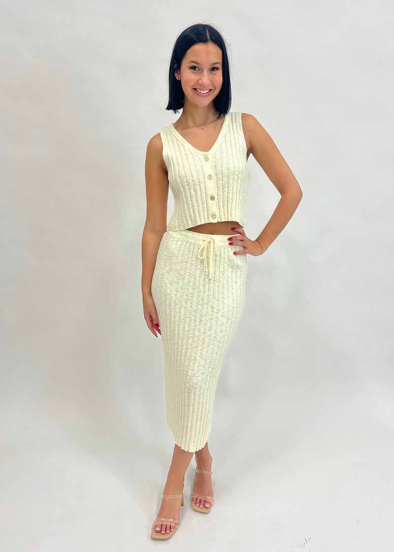 RIBBED KNIT MIDI SKIRT- CREAM