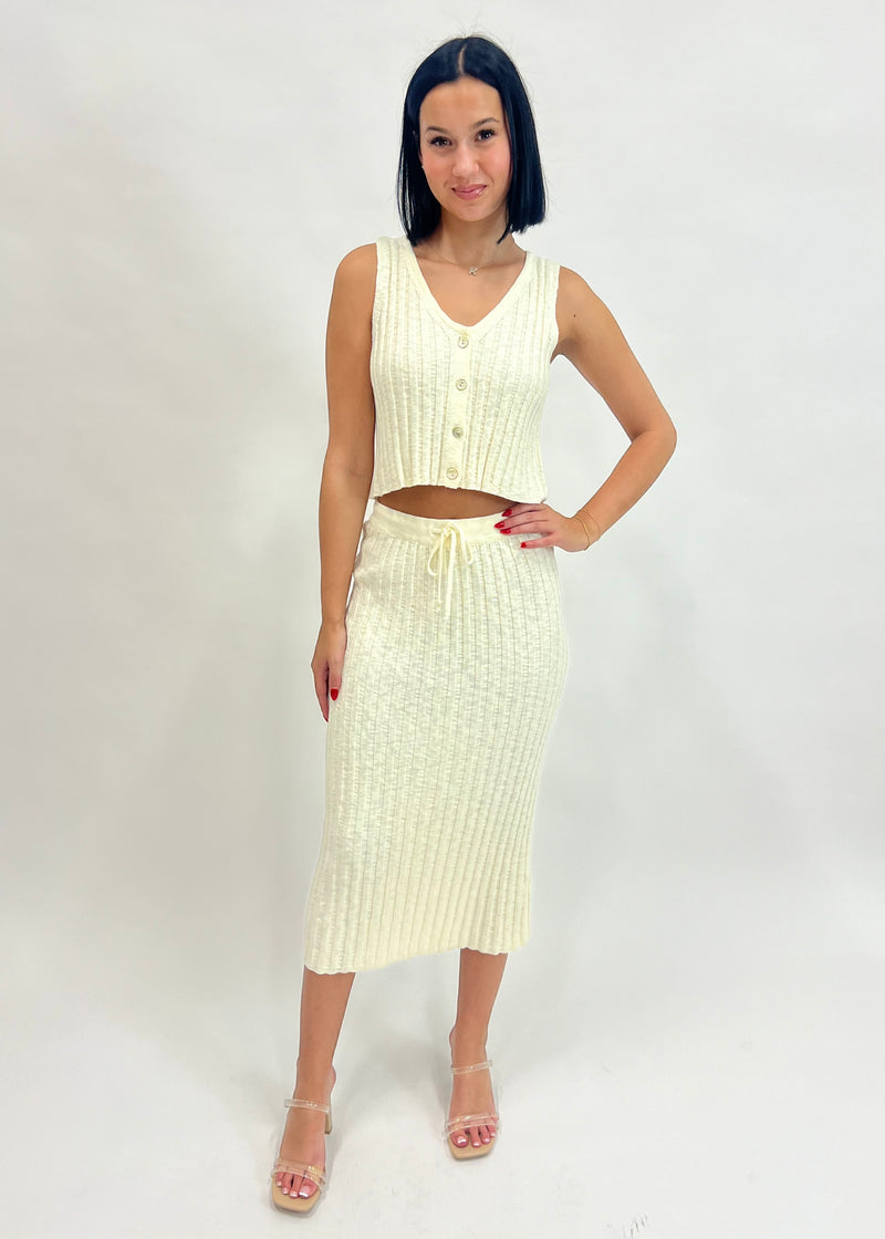 RIBBED KNIT MIDI SKIRT- CREAM