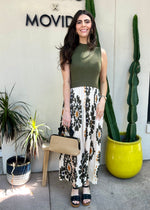 PRINTED PLEATED MIXED MEDIA MAXI DRESS- OLIVE