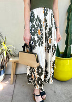 PRINTED PLEATED MIXED MEDIA MAXI DRESS- OLIVE