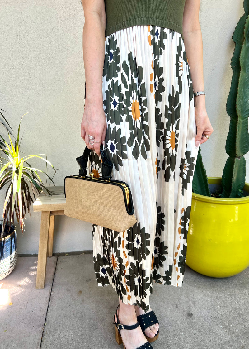 PRINTED PLEATED MIXED MEDIA MAXI DRESS- OLIVE