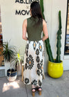 PRINTED PLEATED MIXED MEDIA MAXI DRESS- OLIVE