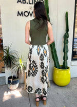 PRINTED PLEATED MIXED MEDIA MAXI DRESS- OLIVE