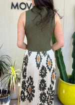 PRINTED PLEATED MIXED MEDIA MAXI DRESS- OLIVE