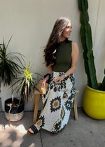 PRINTED PLEATED MIXED MEDIA MAXI DRESS- OLIVE