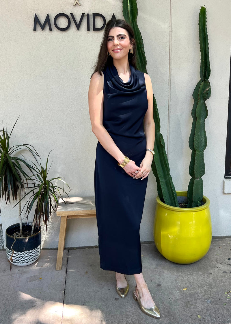 SATIN DRAPED MIDI DRESS- NAVY
