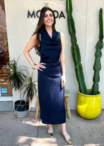 SATIN DRAPED MIDI DRESS- NAVY
