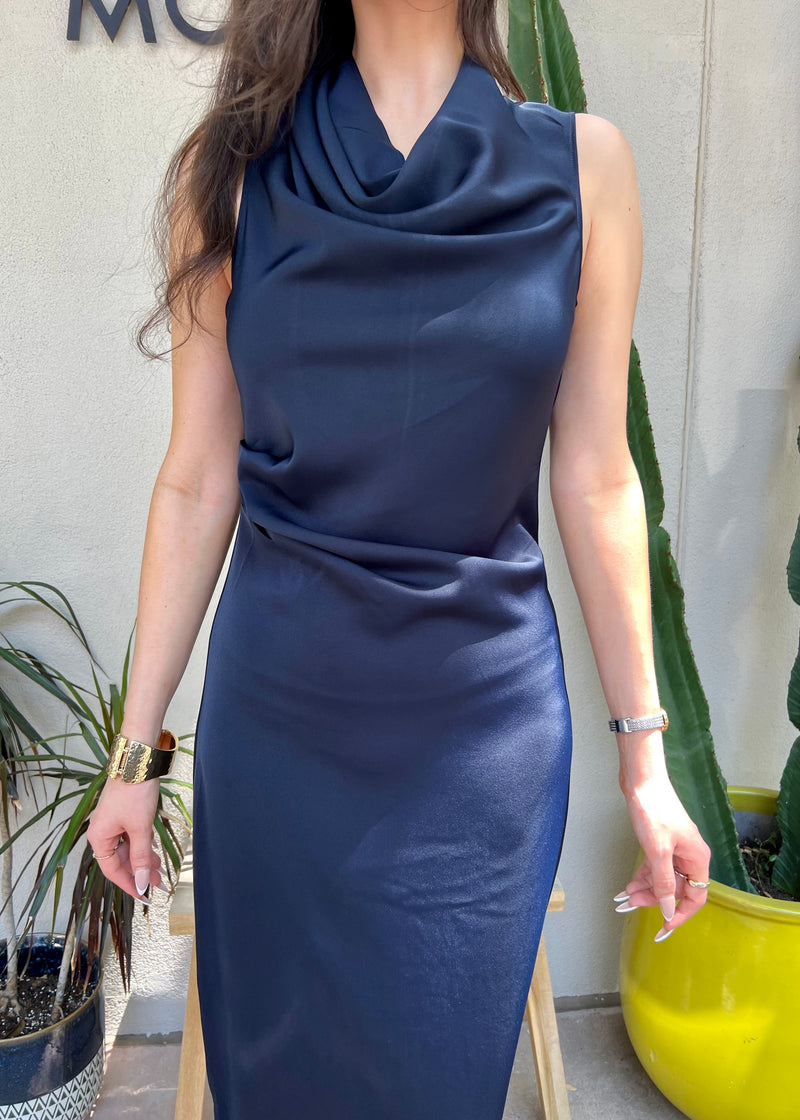 SATIN DRAPED MIDI DRESS- NAVY