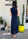 SATIN DRAPED MIDI DRESS- NAVY