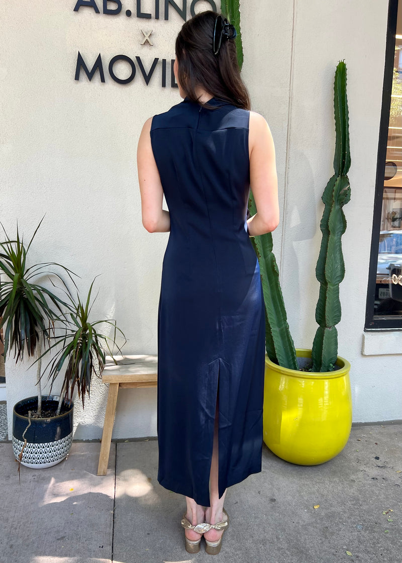 SATIN DRAPED MIDI DRESS- NAVY