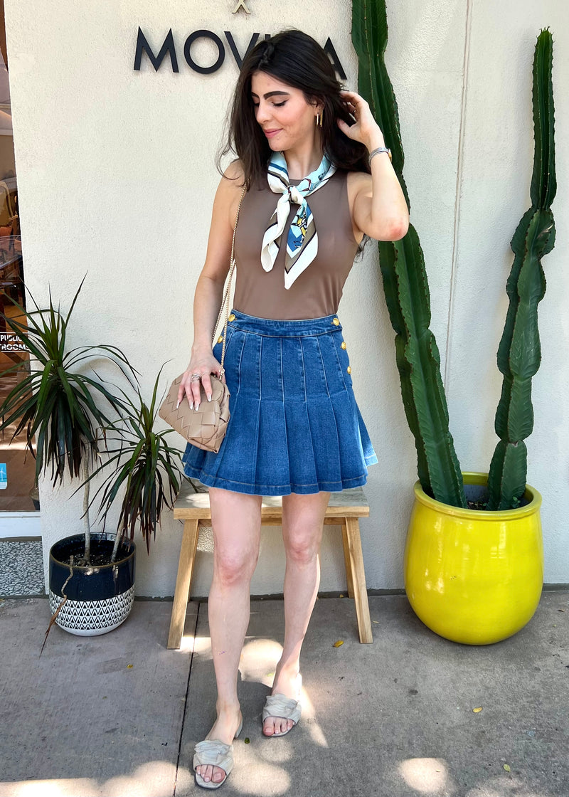 DENIM PLEATED MINI SKIRT- DENIM