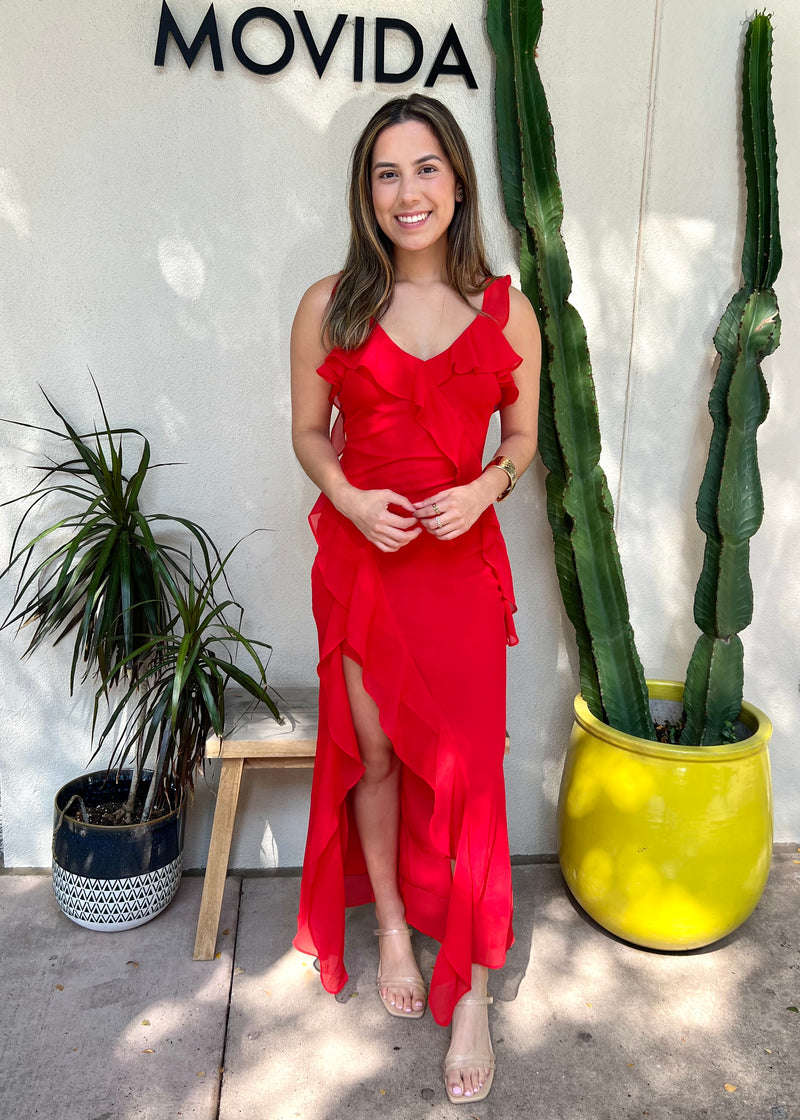 THERE SHE GOES CHIFFON DRESS- RED