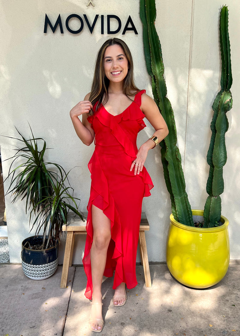 THERE SHE GOES CHIFFON DRESS- RED