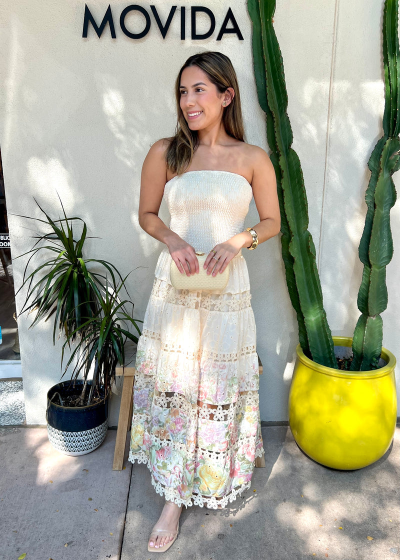 FLORAL EYELET STRAPLESS DRESS- CREAM