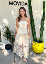 FLORAL EYELET STRAPLESS DRESS- CREAM