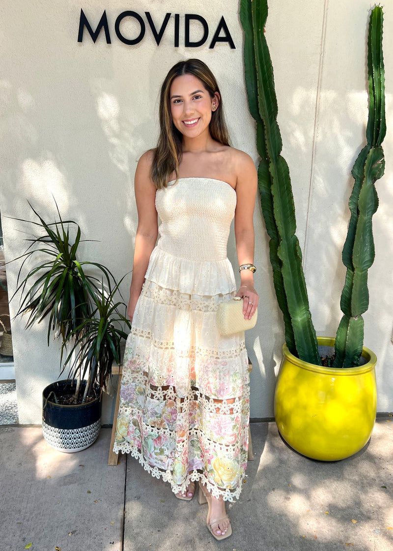 FLORAL EYELET STRAPLESS DRESS- CREAM