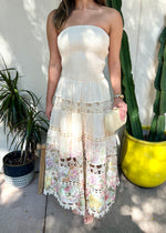 FLORAL EYELET STRAPLESS DRESS- CREAM