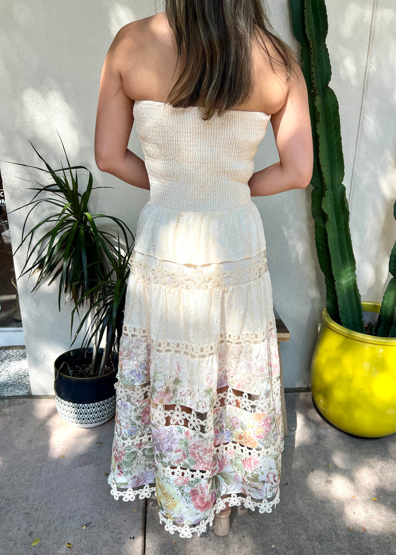 FLORAL EYELET STRAPLESS DRESS- CREAM