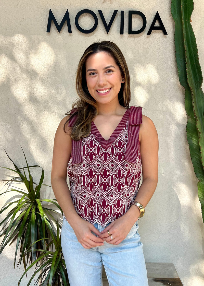 FLORAL EMBROIDERED STITCHED TANK- BURGUNDY
