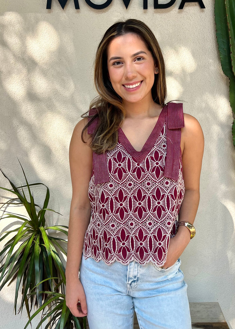 FLORAL EMBROIDERED STITCHED TANK- BURGUNDY