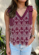 FLORAL EMBROIDERED STITCHED TANK- BURGUNDY