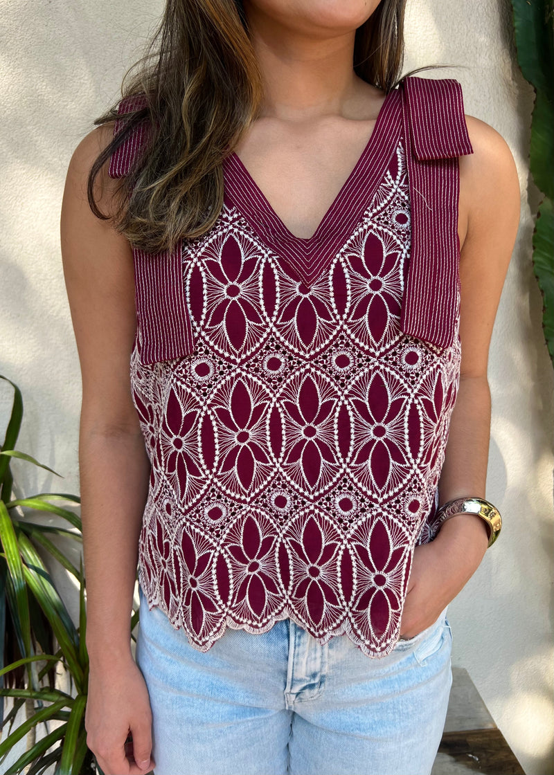 FLORAL EMBROIDERED STITCHED TANK- BURGUNDY