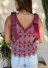 FLORAL EMBROIDERED STITCHED TANK- BURGUNDY