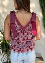 FLORAL EMBROIDERED STITCHED TANK- BURGUNDY